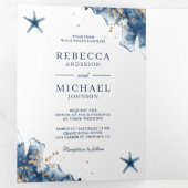 一航海のつのQRコードにネイビーヒトデ結婚ィッシュ 三つ折り招待状 (内部最初)