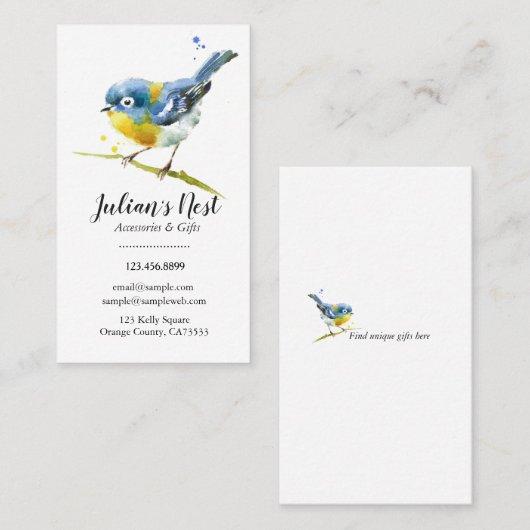 一般的な枝の水彩画の小さく青い鳥 名刺 (正面/裏面)