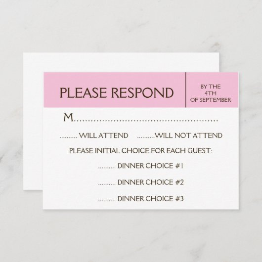 一般的な淡いピンクのRSVPの応答カード 出欠カード (正面/裏面)