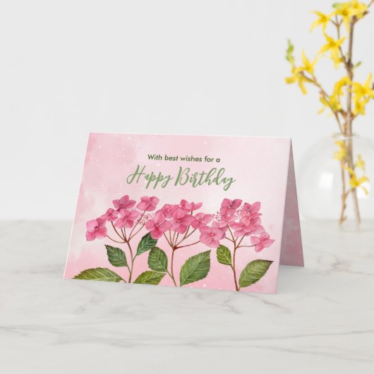 一般的な誕生日ウィズピンクアジサイの水色 カード (黄色い花)