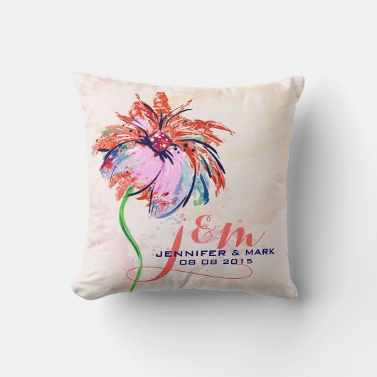 一葉カラフルヴィンテージ手描き花 クッション (正面)