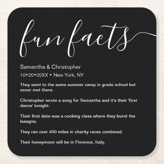 一覧に表示された白黒おもしろいファクトパーソナライズされた スクエアペーパーコースター (正面)