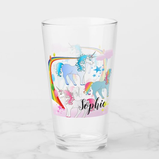 一角パーソナライズされた鏡と虹の飲みガラス タンブラーグラス (正面)