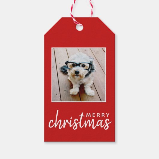 一角写真とメリークリスマス – 赤 ギフトタグ (正面)