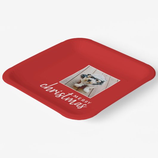 一角写真とメリークリスマス – 赤 ペーパープレート (傾斜あり)