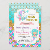 一角獣と人魚の誕生日の招待状 招待状 (正面/裏面)