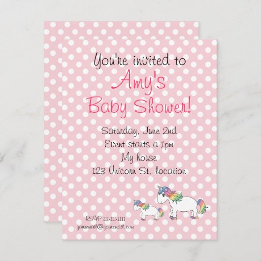 一角獣のベビーシャワーの招待 招待状 (正面/裏面)