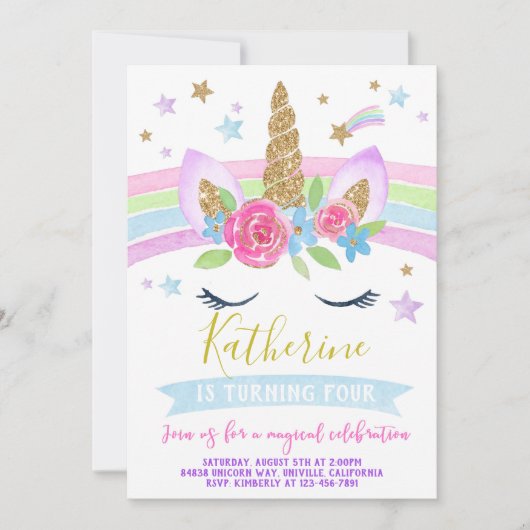 一角獣の招待誕生日パーティーの虹の一角獣 招待状 (正面)