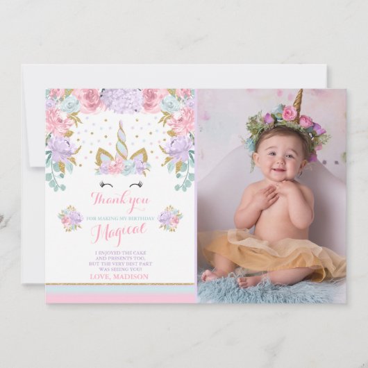 一角獣サンキューカードピンク金ゴールド魔法ユニコーン サンキューカード (正面)