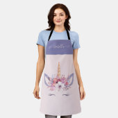一角獣フローラピンクと紫ガーリーの可愛い エプロン (着用した状態)