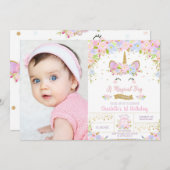 一角獣誕生日可愛いフローラ少女写真 招待状 (正面/裏面)