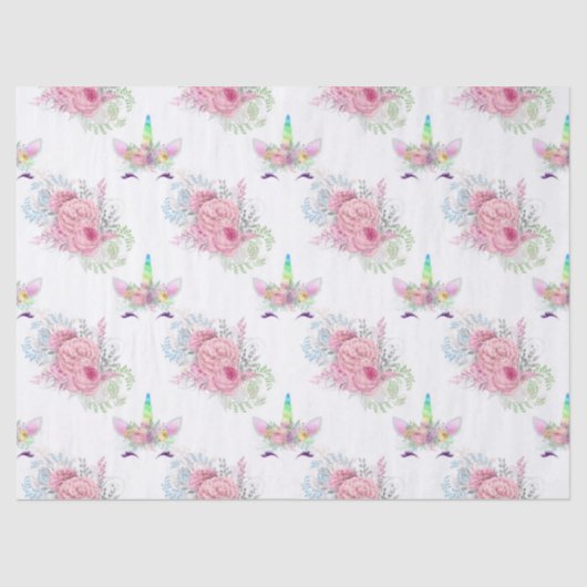 一角獣顔(白いデコパージュにピンクの花が咲く) 薄葉紙 (正面)