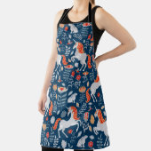 一角獣、ウサギ、鳥、青地に花 エプロン (インサイチュ)