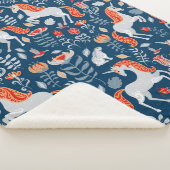 一角獣、ウサギ、鳥、青地に花 シェルパブランケット (3/4)