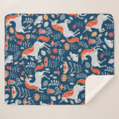 一角獣、ウサギ、鳥、青地に花 シェルパブランケット (正面(横))