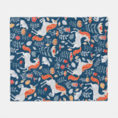 一角獣、ウサギ、鳥、青地に花 フリースブランケット (正面(横))