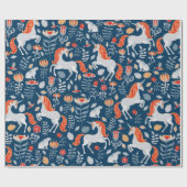 一角獣、ウサギ、鳥、青地に花 ラッピングペーパー (フラット)