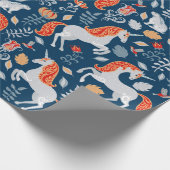 一角獣、ウサギ、鳥、青地に花 ラッピングペーパー (角)