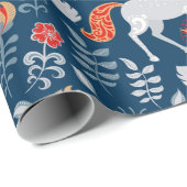 一角獣、ウサギ、鳥、青地に花 ラッピングペーパー (ロールコーナー)