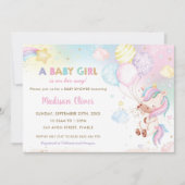 一角獣(ユニお洒落コーン)風船に虹の赤ちゃんシャワー 招待状 (正面)