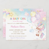 一角獣(ユニお洒落コーン)風船に虹の赤ちゃんシャワー 招待状 (正面/裏面)