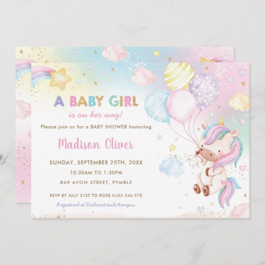 一角獣(ユニお洒落コーン)風船に虹の赤ちゃんシャワー 招待状 (正面/裏面)
