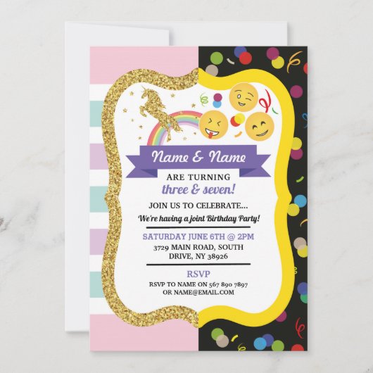 一角獣（ユニコーン）と絵（えも）字（じ）の少年が誕生日双生児のおもしろい 招待状 (正面)