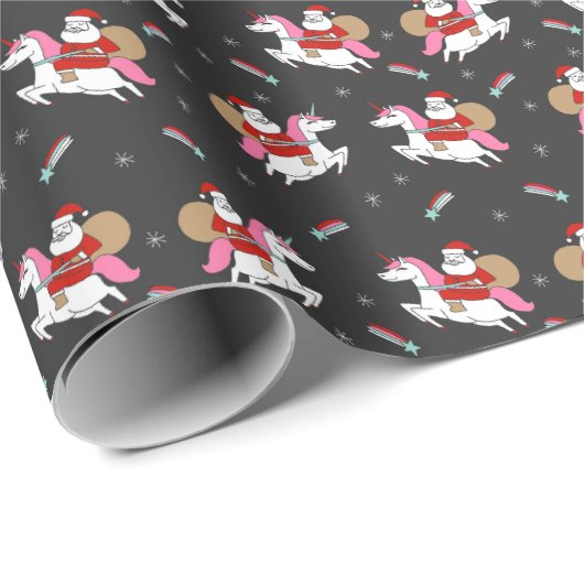 一角獣（ユニコーン）のかわいいクリスマス·チャーコールに乗るサンタ ラッピングペーパー (ロールコーナー)