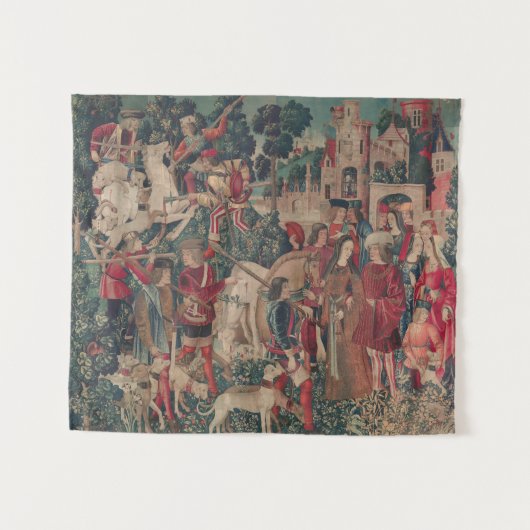一角獣（ユニコーン）中世アート-狩人が城に戻る タペストリー (正面(横))