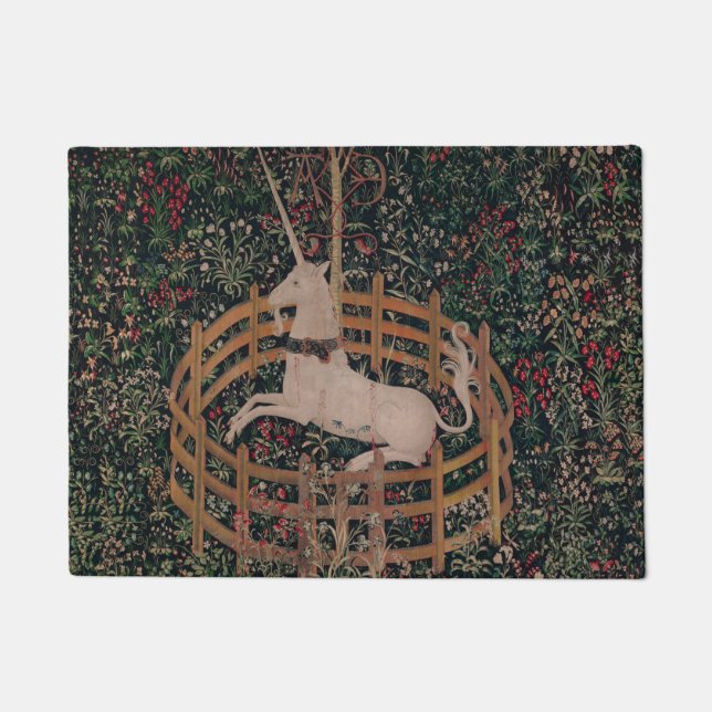 一角獣（ユニコーン）狩り中世アート-ガードで一角獣（ユニコーン）の休憩所 ドアマット (正面)