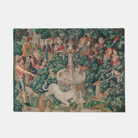 一角獣（ユニコーン）狩り中世アート-一角獣（ユニコーン）が発見される ドアマット (正面)