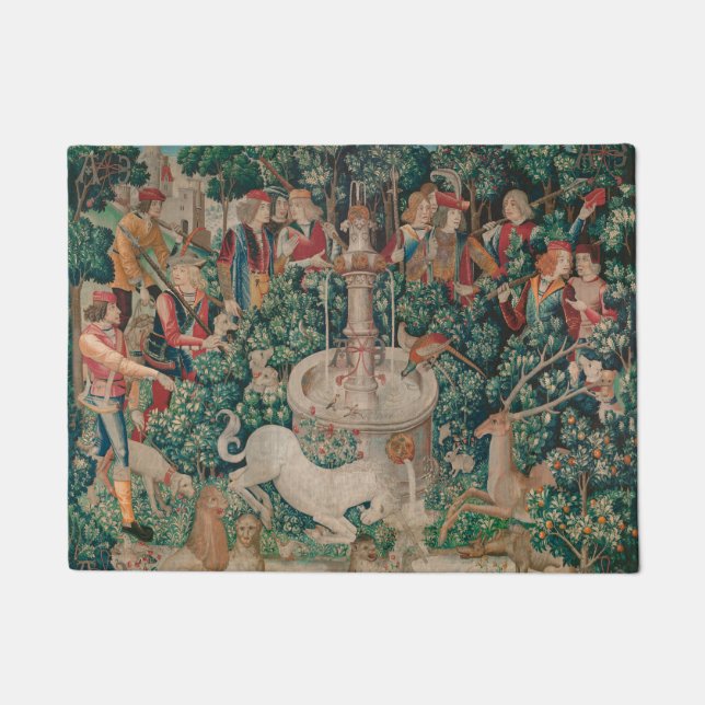 一角獣（ユニコーン）狩り中世アート-一角獣（ユニコーン）が発見される ドアマット (正面)