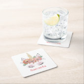 一角獣、一角獣の顔、パーソナライズされたガーリーフローラ スクエアペーパーコースター (インサイチュ)