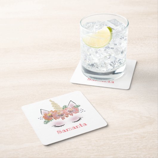 一角獣、一角獣の顔、パーソナライズされたガーリーフローラ スクエアペーパーコースター (インサイチュ)