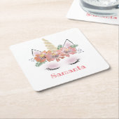 一角獣、一角獣の顔、パーソナライズされたガーリーフローラ スクエアペーパーコースター (アングル)