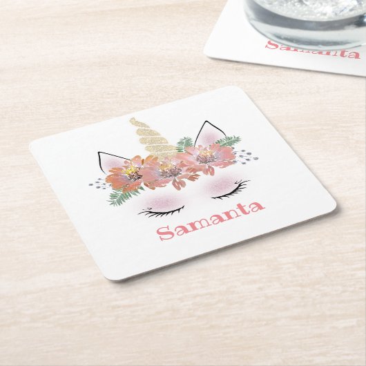 一角獣、一角獣の顔、パーソナライズされたガーリーフローラ スクエアペーパーコースター (アングル)