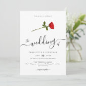 一輪の赤いバラ エレガント スクリプト ミニマリスト 招待状 (スタンド正面)