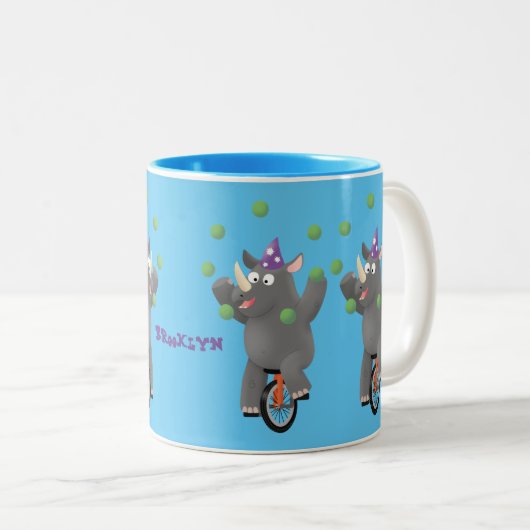 一輪車おもしろいの可愛いサイのジャグリング ツートーンマグカップ (正面右)