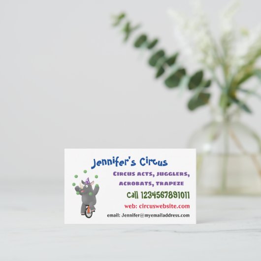 一輪車おもしろいの可愛いサイのジャグリング 名刺 (スタンド正面)