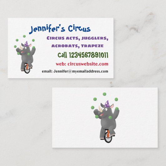 一輪車おもしろいの可愛いサイのジャグリング 名刺 (正面/裏面)