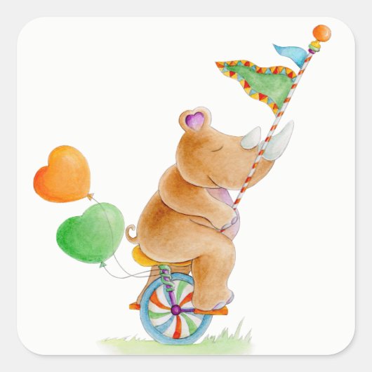 一輪車に乗ったライノセロスの水彩画 スクエアシール (正面)