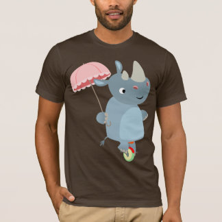 一輪車のTシャツに傘を付けた漫画のRhino Tシャツ