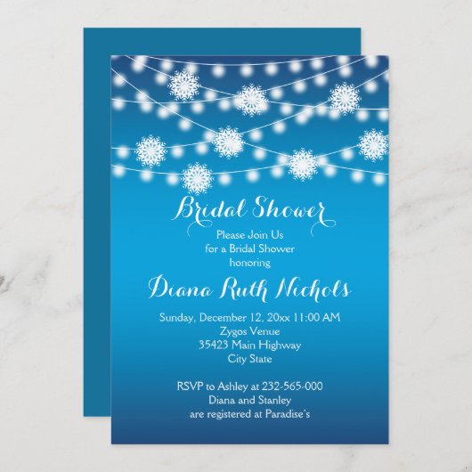 一連のライトスノーフレーク結婚のブライダルシャワー 招待状 (正面/裏面)