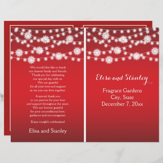 一連のライトスノーフレーク赤いウェディングプログラム (正面/裏面)