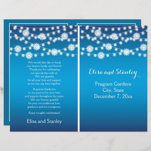 一連のライトスノーフレーク青い結婚式プログラム (正面/裏面)