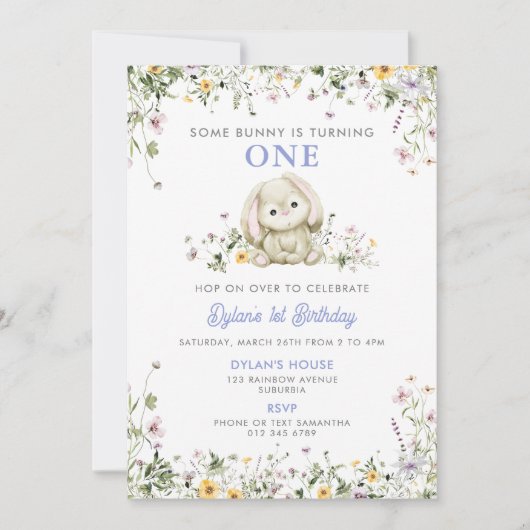 一部のバニーが1パープル少年の1歳の誕生日を回している 招待状 (正面)