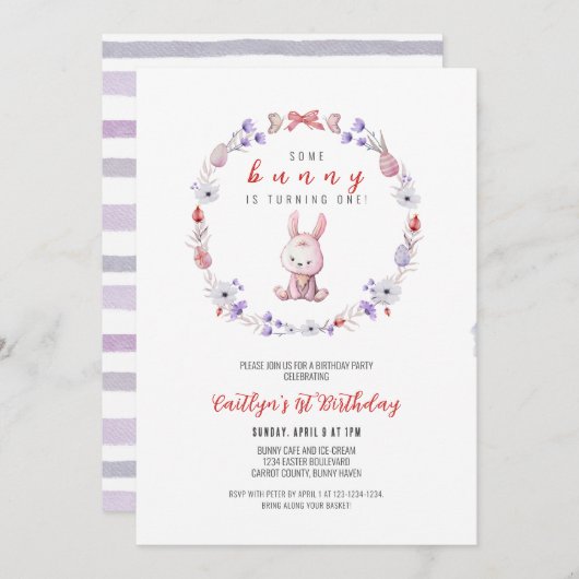 一部のバニーが1歳になる、春1歳の誕生日 招待状 (正面/裏面)
