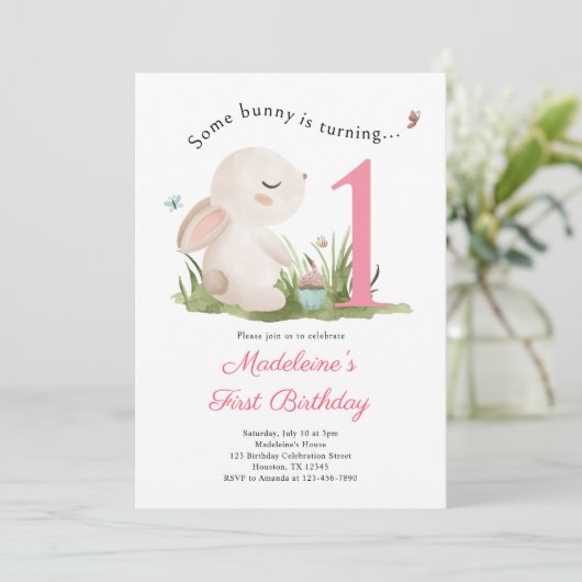 一部のバニーは1人の女の子ピンク1歳の誕生日 招待状 (スタンド正面)