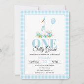 一間抜けつのガチョウ青いギンガムボーイの誕生日 招待状 (正面)