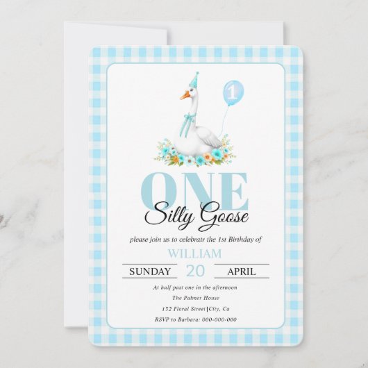 一間抜けつのガチョウ青いギンガムボーイの誕生日 招待状 (正面)